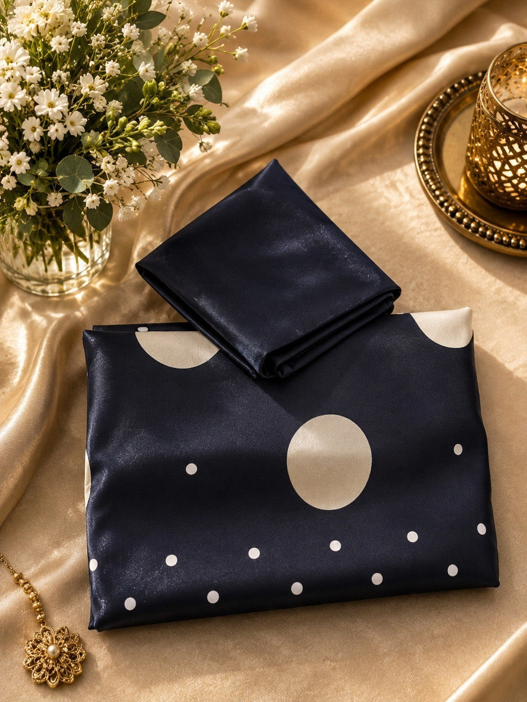 Sophisticated Black Polka Pattern Digital Printed Satin Saree With Premium Work - Image 6