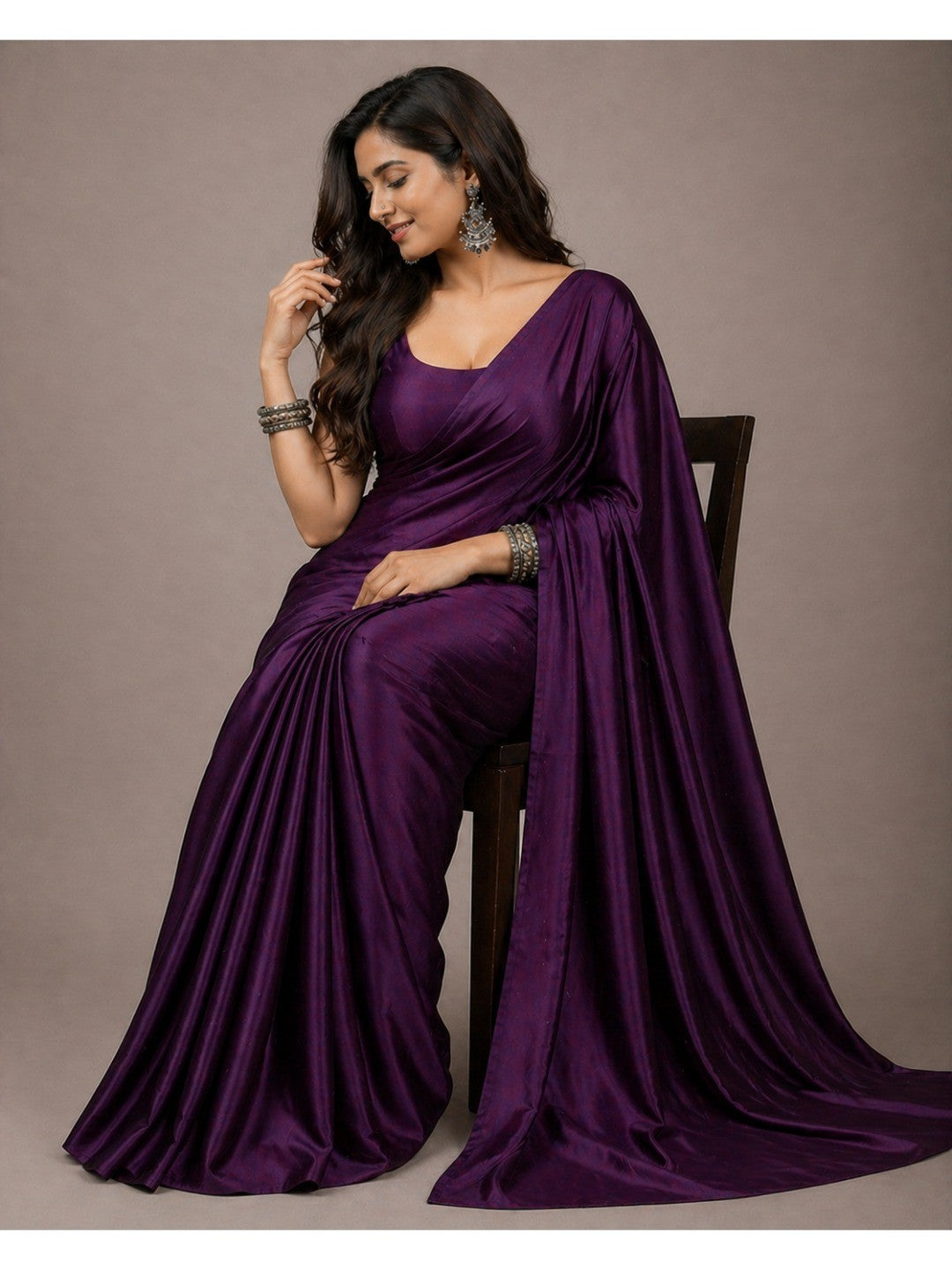 Elegant Purple Solid Japan Satin Saree With Luxurious Finish - Image 5
