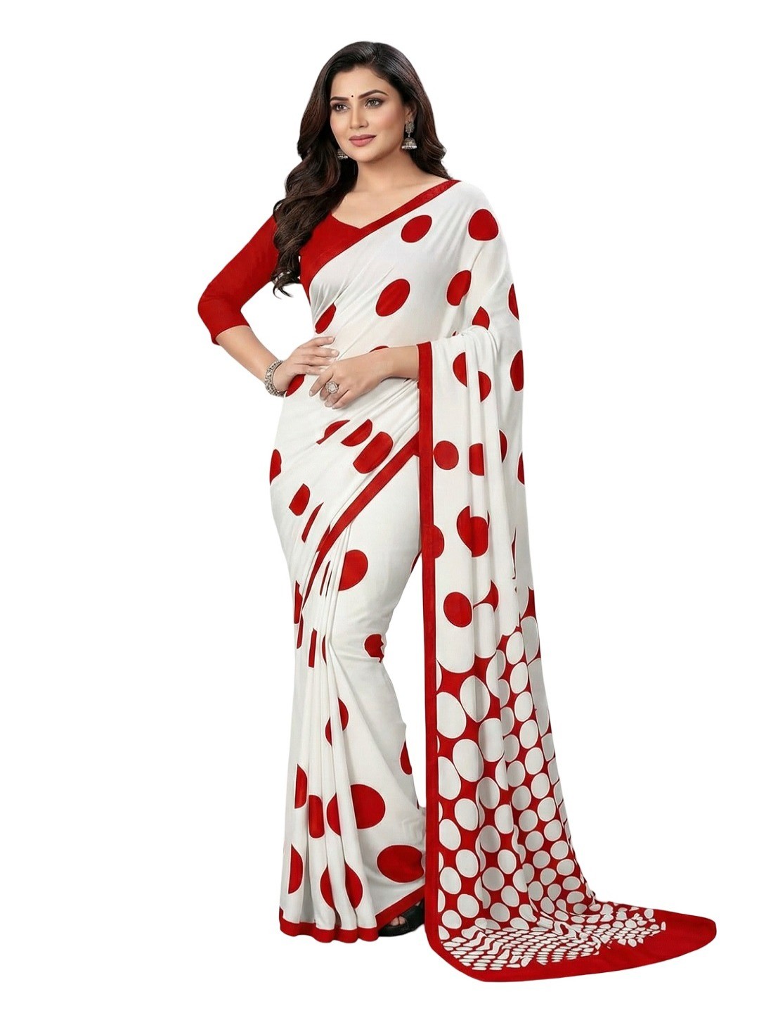 Fashionable Red & White Polka Dot Printed Party Wear Crepe Silk Saree  - Image 3