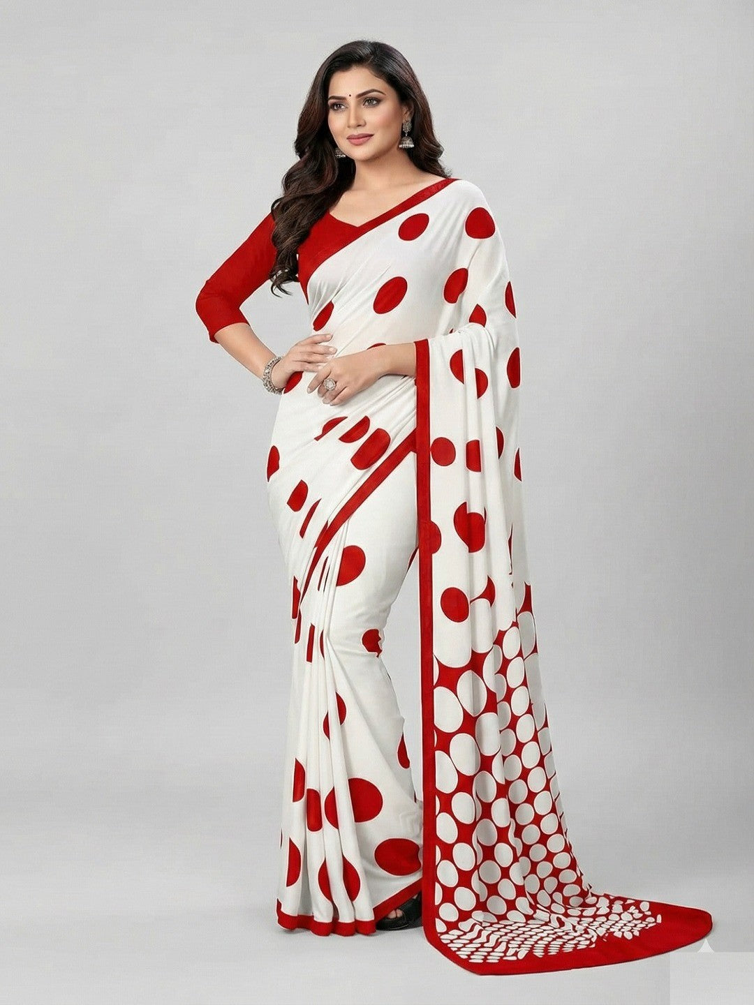 Fashionable Red & White Polka Dot Printed Party Wear Crepe Silk Saree  - Image 1