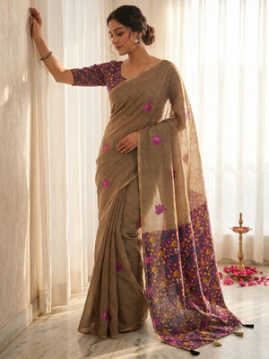 Chikoo Floral Printed Linen Lightweight Saree Elegant Everyday Ethnic Wear - Image 1