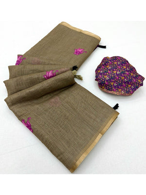 Chikoo Floral Printed Linen Lightweight Saree Elegant Everyday Ethnic Wear - Image 2