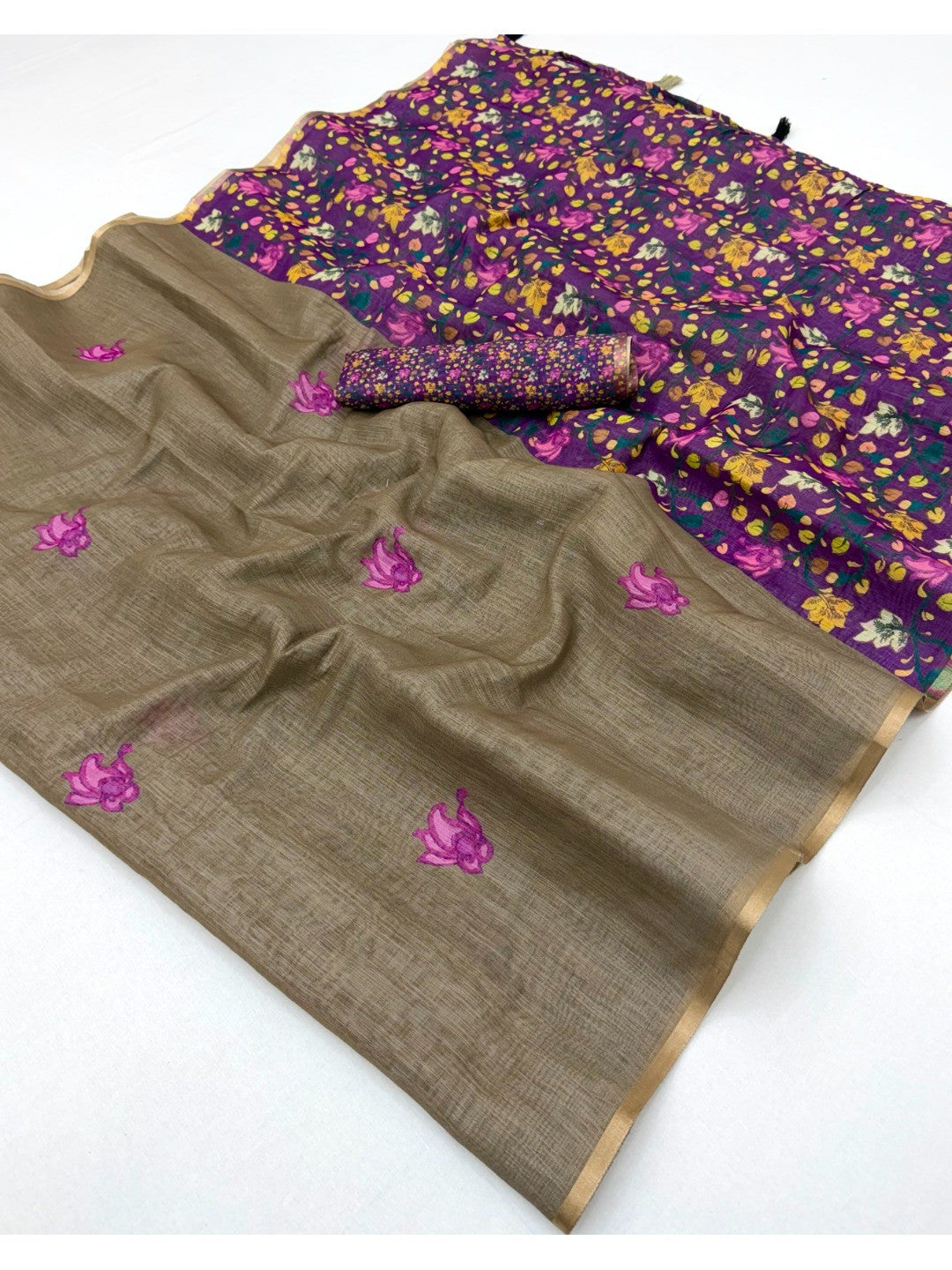 Chikoo Floral Printed Linen Lightweight Saree Elegant Everyday Ethnic Wear - Image 2