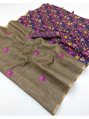 Chikoo Floral Printed Linen Lightweight Saree Elegant Everyday Ethnic Wear - Image 2