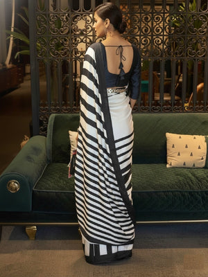 Black and White Striped Crepe Saree for Modern Ethnic Look - Image 2