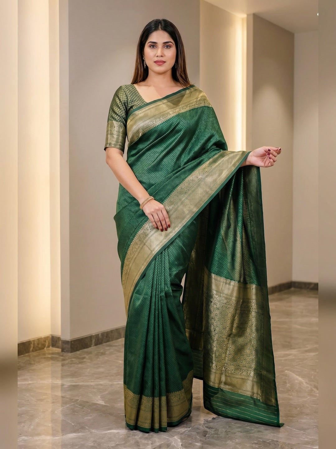 Peachmode Green Soft Lichi Silk Saree with Zari Woven Border - Image 1