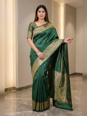 Peachmode Green Soft Lichi Silk Saree with Zari Woven Border - Image 1
