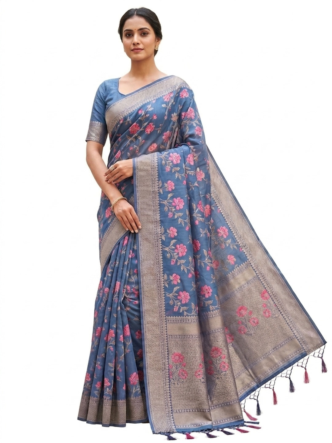 Peachmode Blue Cotton Silk Floral Print Saree with Zari Border - Image 12