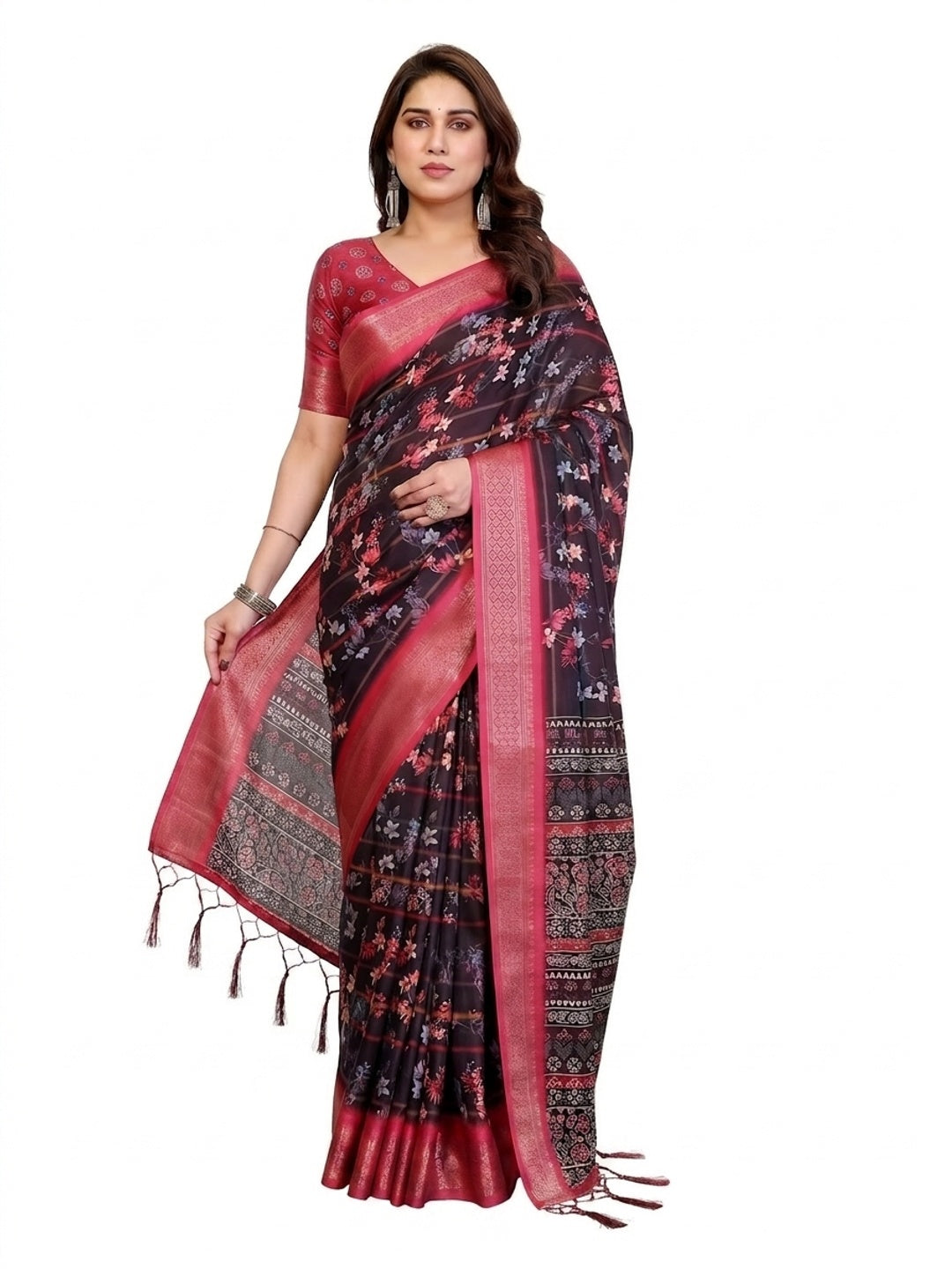 Peachmode Black Cotton Silk Floral Print Saree with Zari Border - Image 12