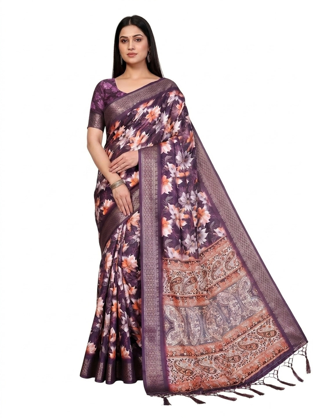 Peachmode Purple Cotton Silk Floral Print Saree with Zari Border - Image 12