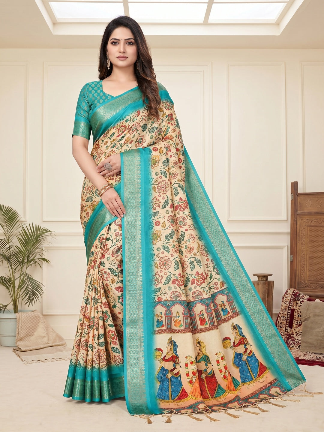 Peachmode Cream Cotton Silk Digital Print Saree with Jacquard Border - Image 1