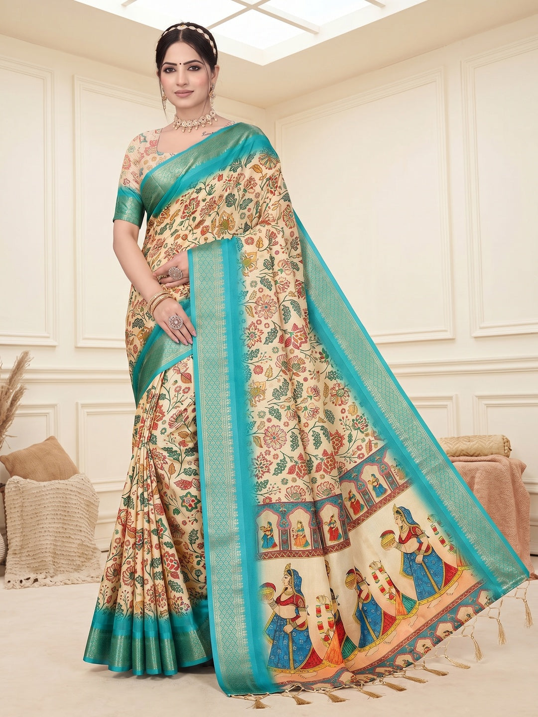Peachmode Cream Cotton Silk Digital Print Saree with Jacquard Border - Image 3