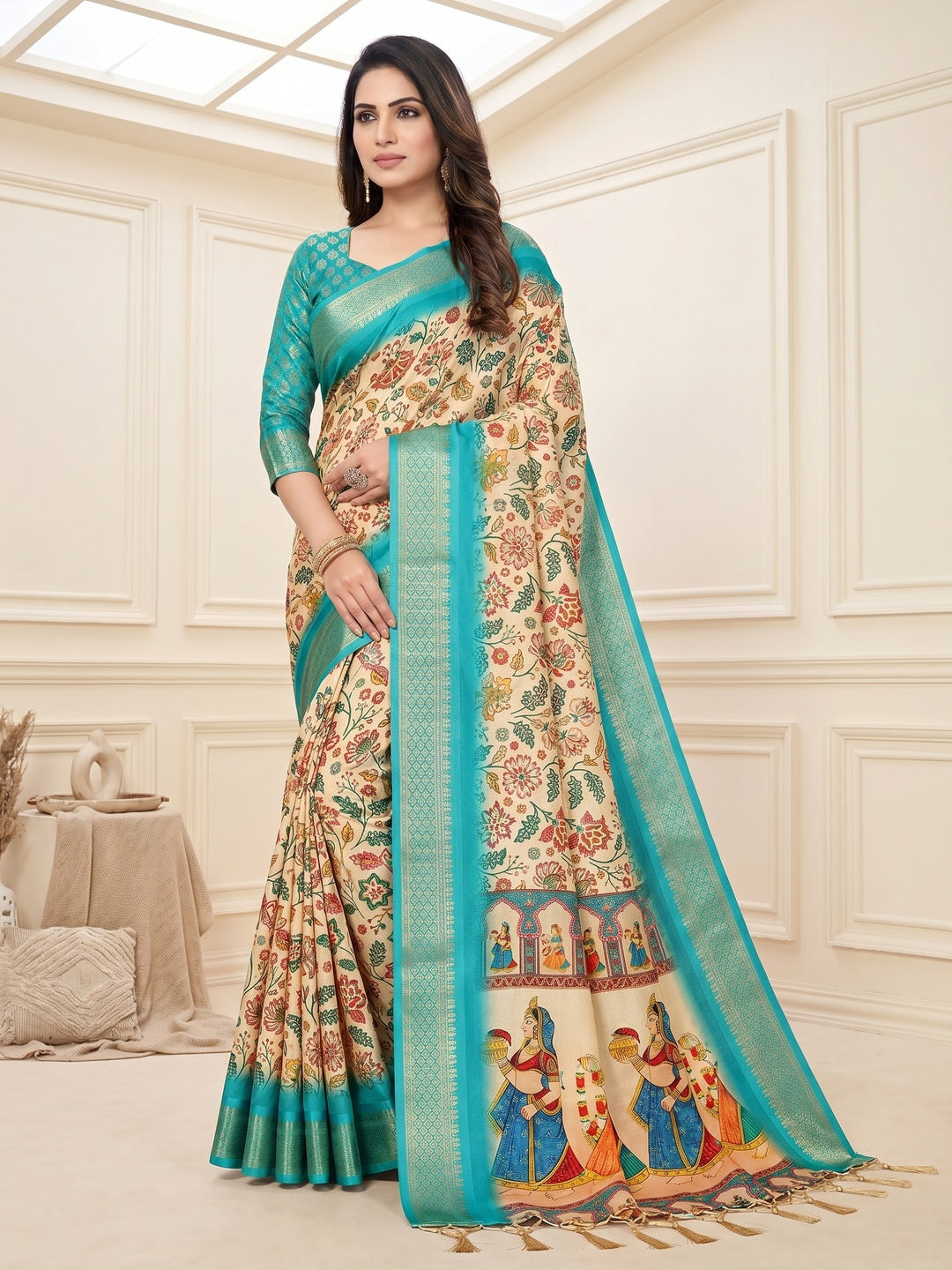 Peachmode Cream Cotton Silk Digital Print Saree with Jacquard Border - Image 4