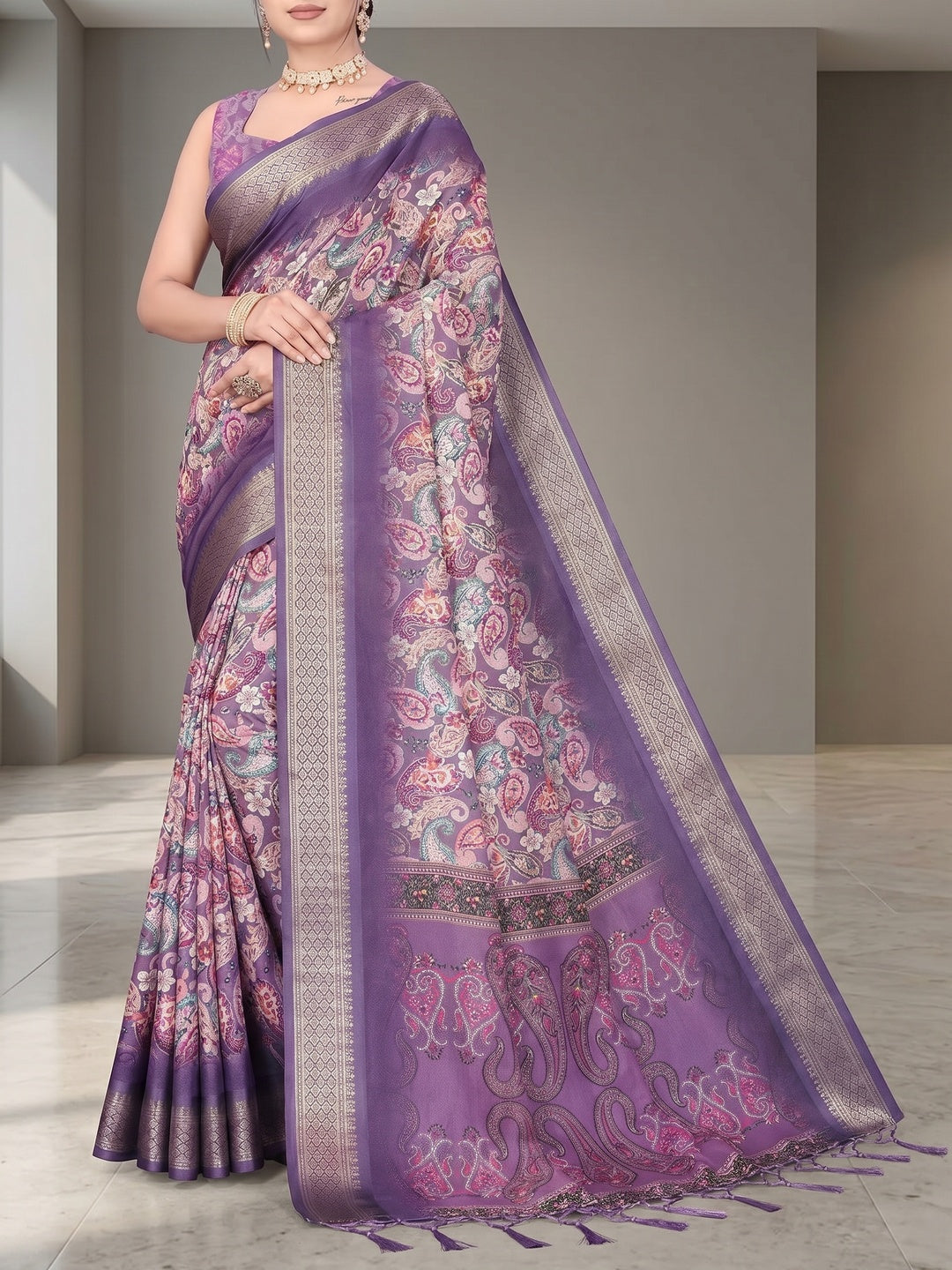Peachmode Purple Cotton Silk Digital Print Saree with Jacquard Border - Image 3