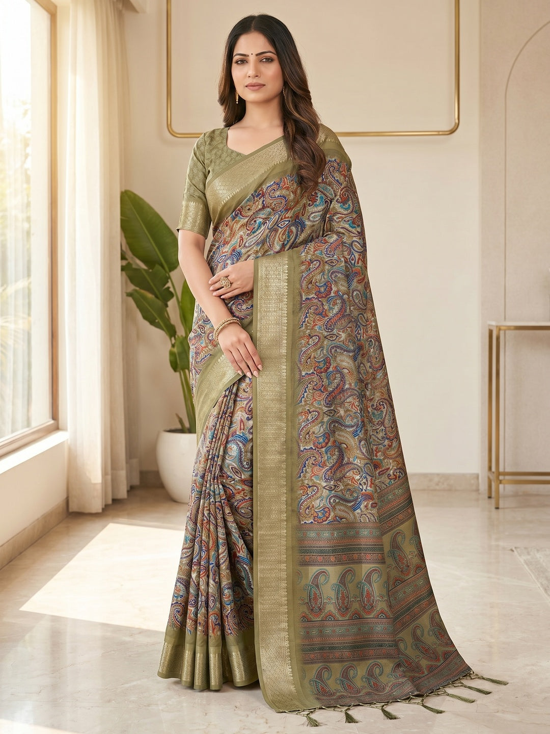 Peachmode Olive Cotton Silk Digital Print Saree with Jacquard Border - Image 1