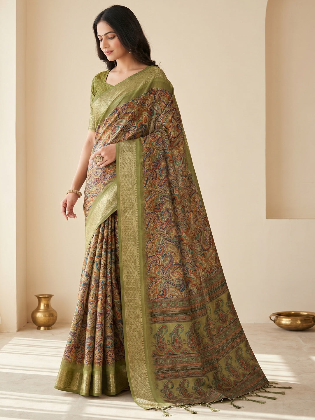 Peachmode Olive Cotton Silk Digital Print Saree with Jacquard Border - Image 2