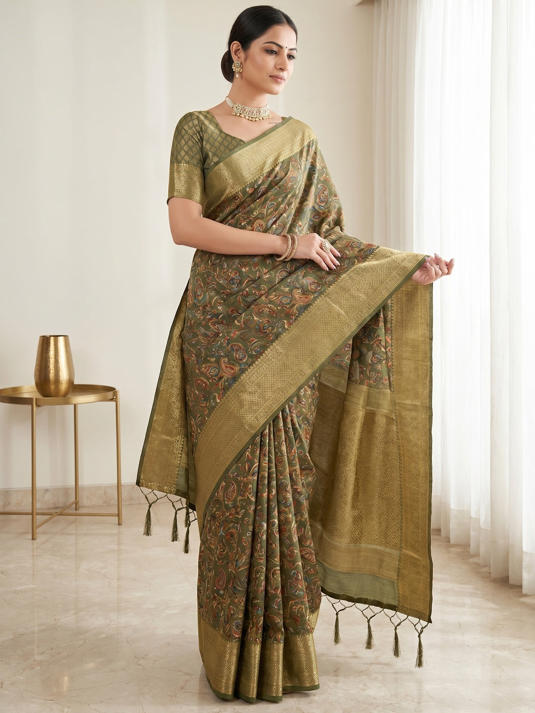 Peachmode Olive Cotton Silk Digital Print Saree with Jacquard Border - Image 3