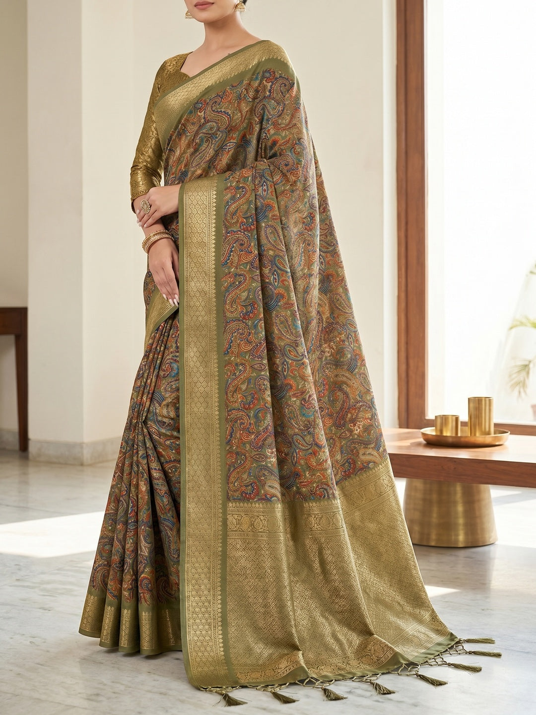 Peachmode Olive Cotton Silk Digital Print Saree with Jacquard Border - Image 4