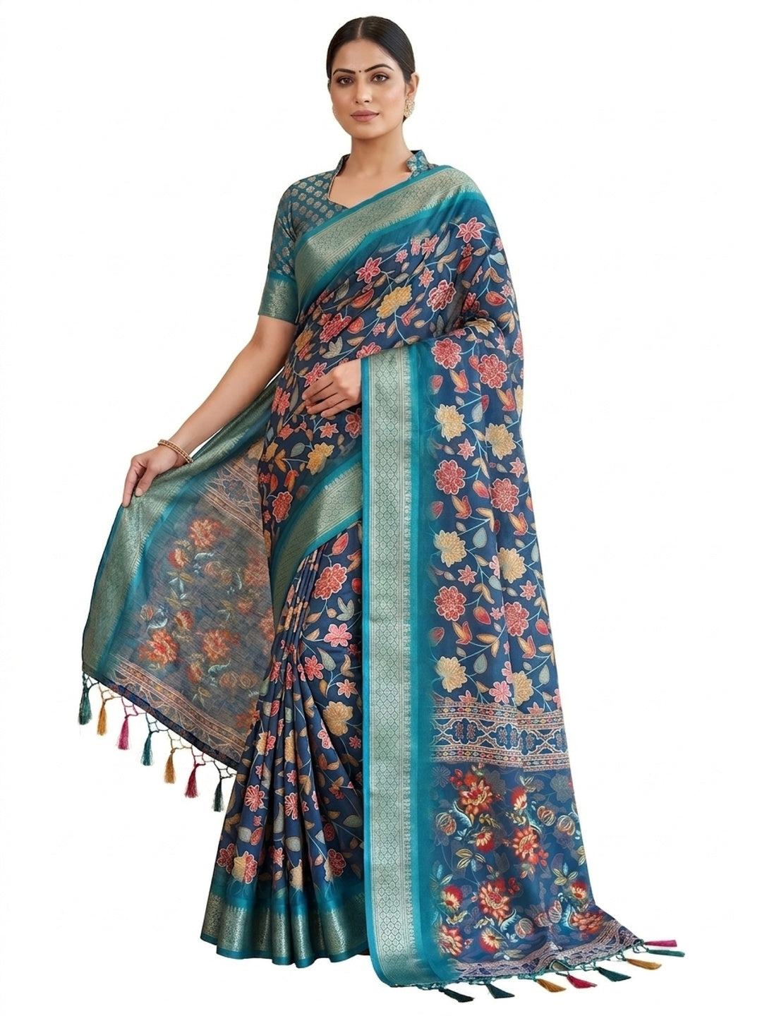 Peachmode Blue Cotton Silk Digital Print Saree with Jacquard Border - Image 11