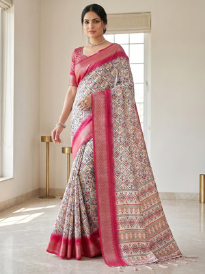Peachmode Magenta Cotton Silk Digital Print Saree with Jacquard Border - Image 2