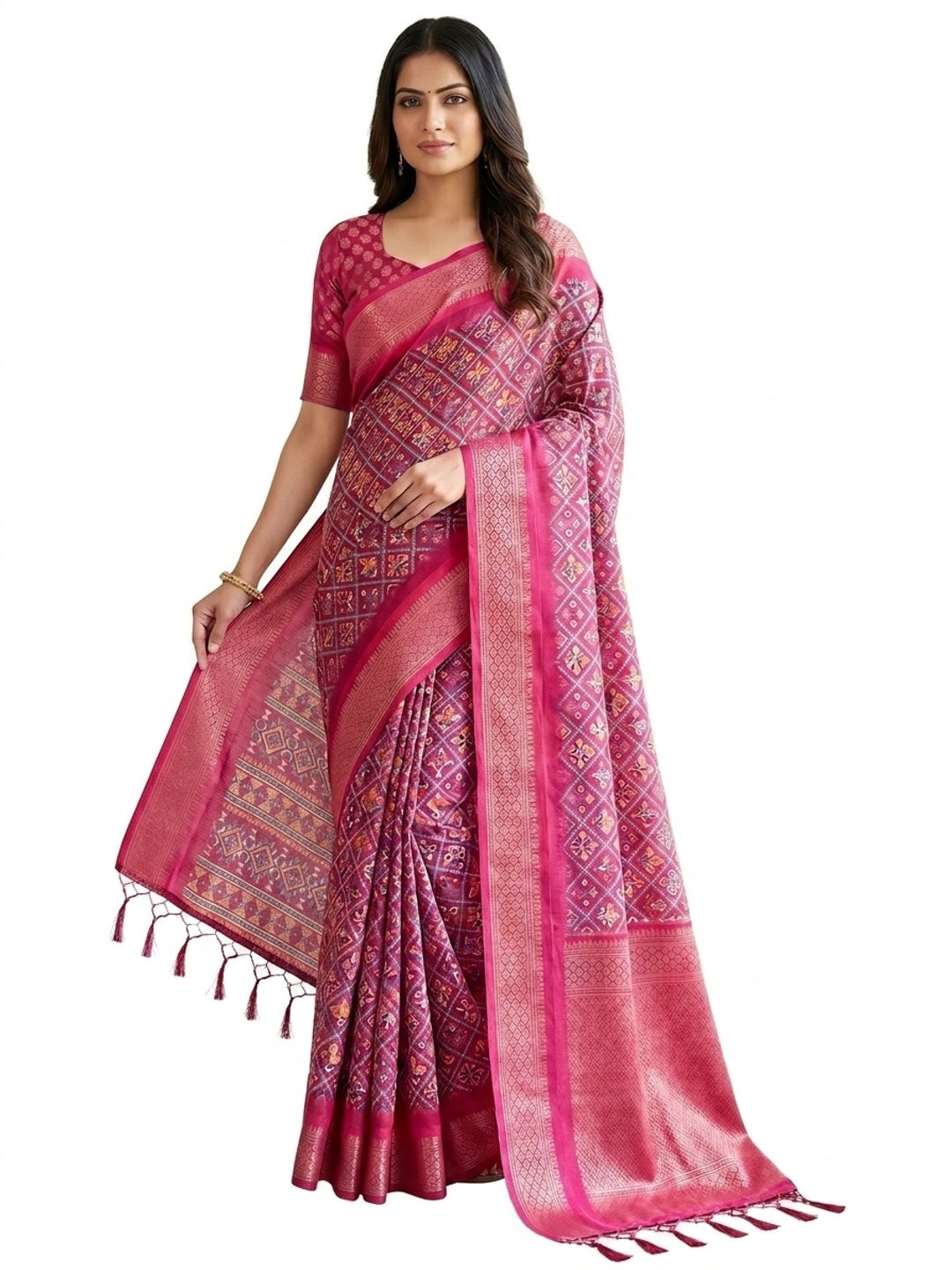 Peachmode Magenta Cotton Silk Digital Print Saree with Jacquard Border - Image 12