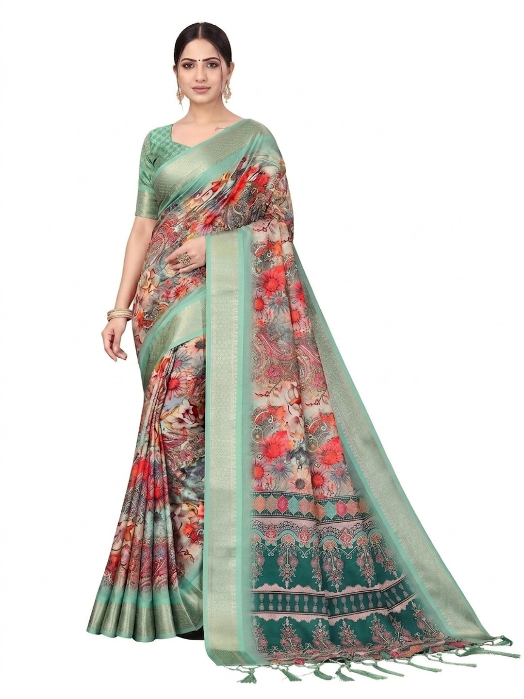 Peachmode Sea Green Cotton Silk Digital Print Saree with Jacquard Border - Image 11