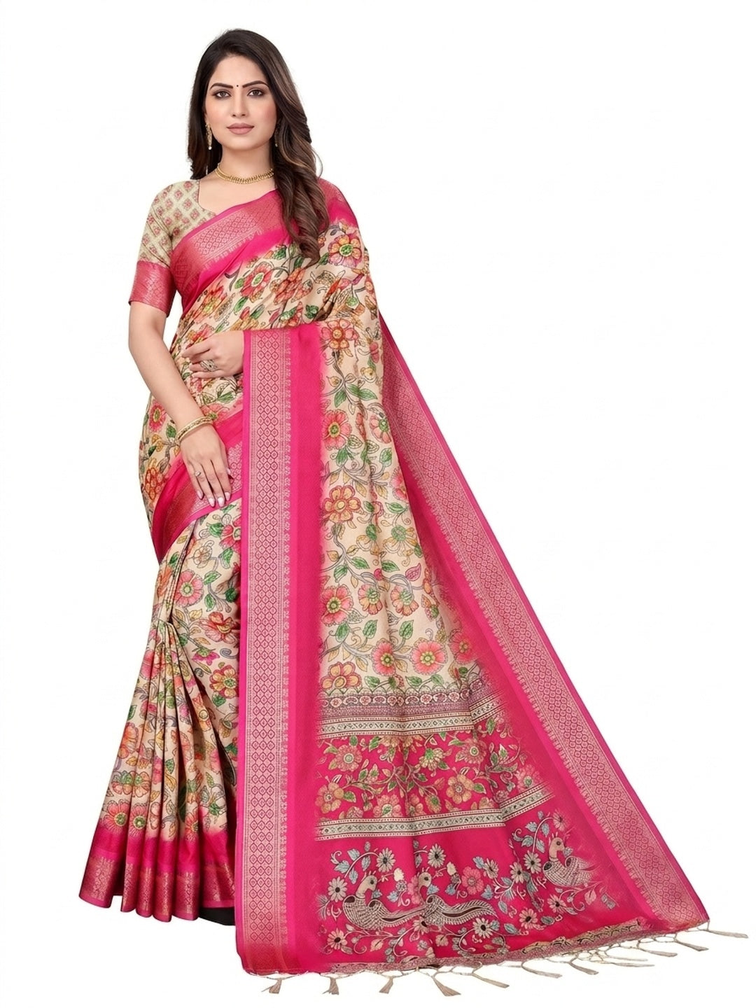 Peachmode Pink Cotton Silk Digital Print Saree with Jacquard Border - Image 13