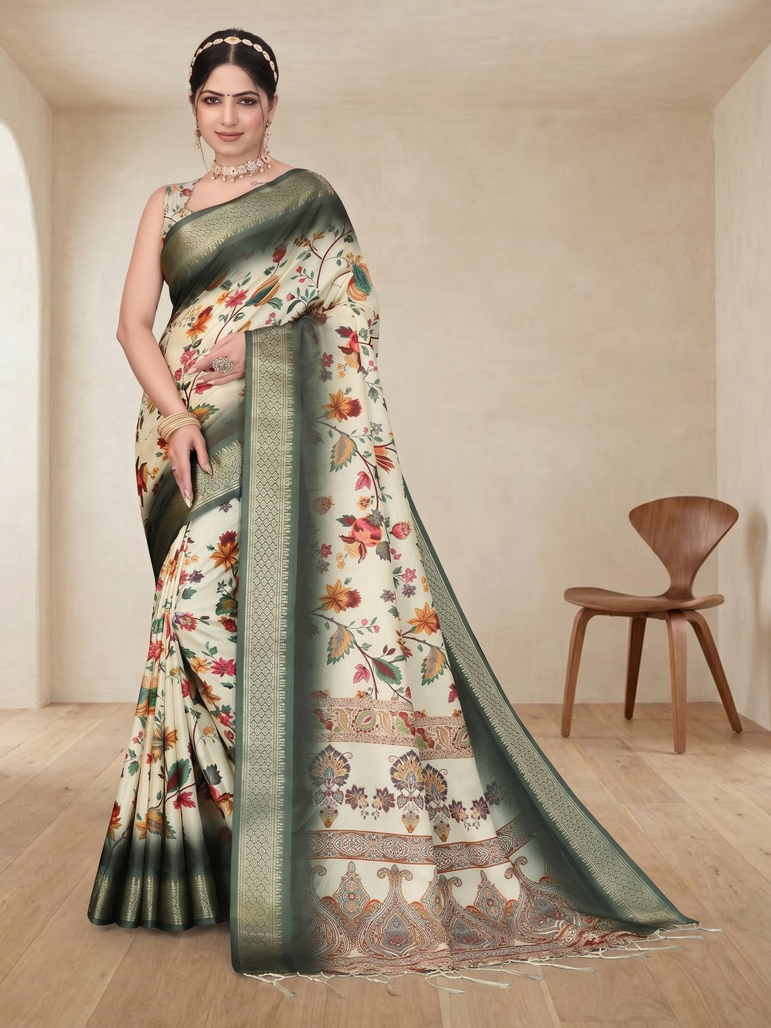 Peachmode Green Cotton Silk Digital Print Saree with Jacquard Border - Image 1