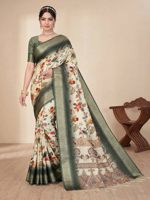 Peachmode Green Cotton Silk Digital Print Saree with Jacquard Border - Image 2