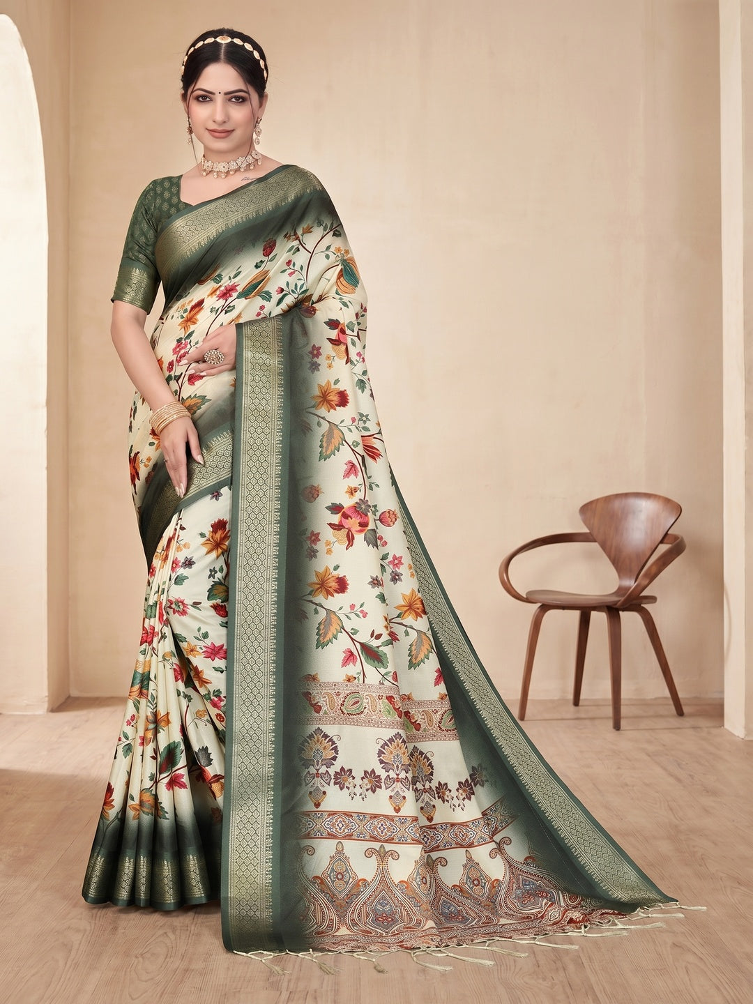 Peachmode Green Cotton Silk Digital Print Saree with Jacquard Border - Image 4