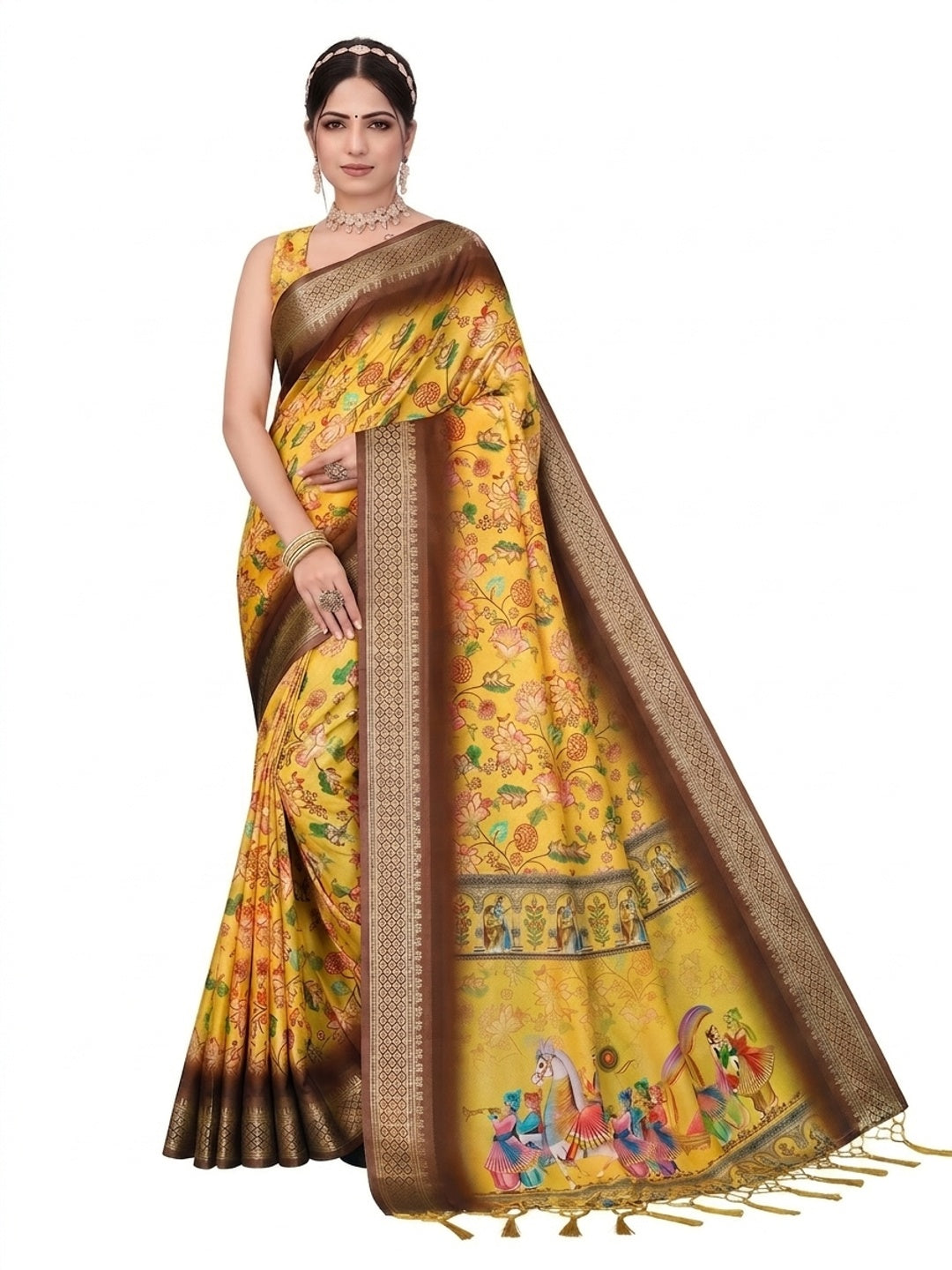 Peachmode Yellow Cotton Silk Digital Print Saree with Jacquard Border - Image 12