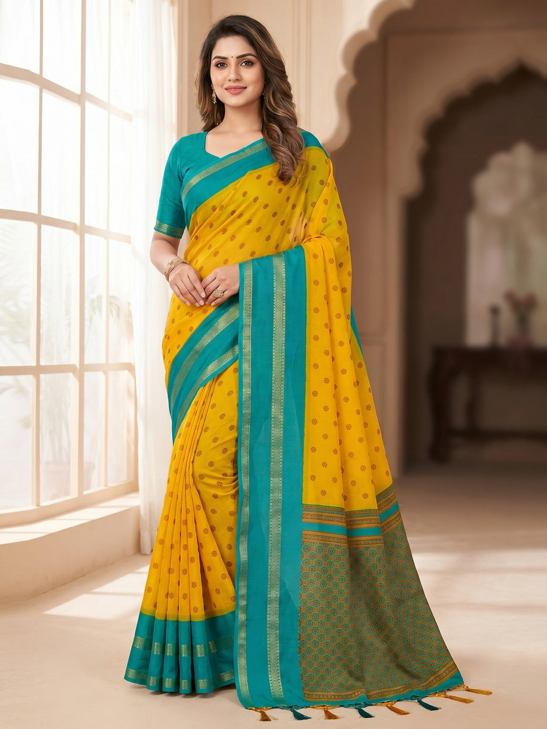 Peachmode Yellow Soft Marshmallow Saree with Ikkat Print - Image 1