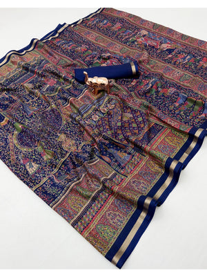 Peachmode Navy Blue Tussar Saree with Digital Print - Image 2