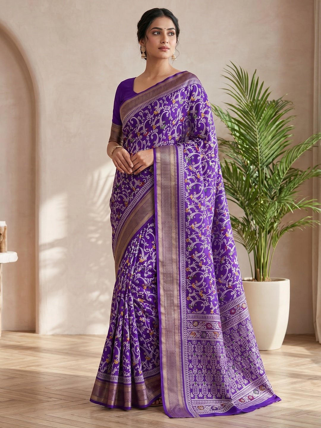 Peachmode Purple Dolla Silk Saree with Digital Print - Image 1