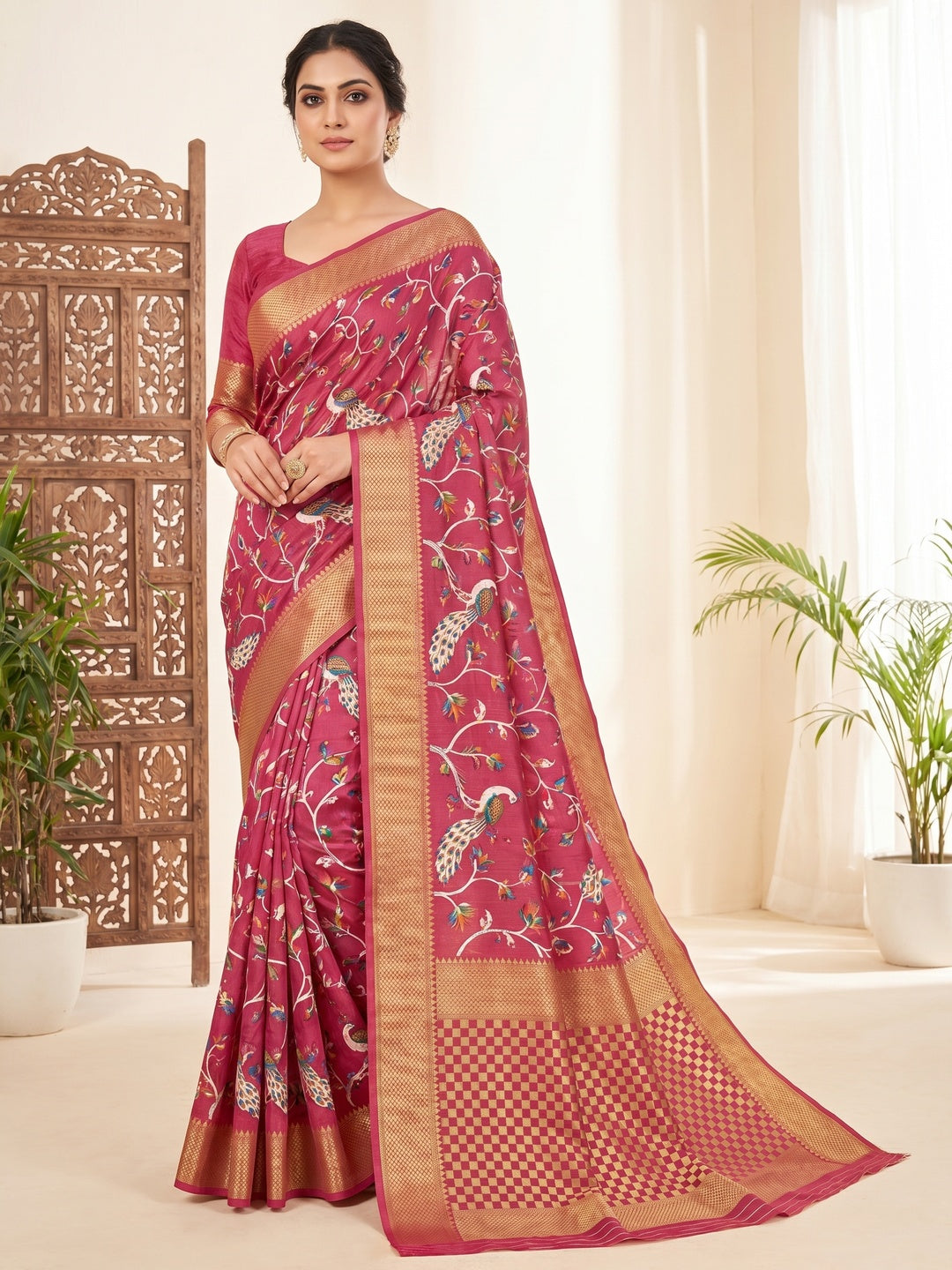 Peachmode Pink Dolla Silk Saree with Digital Print - Image 1