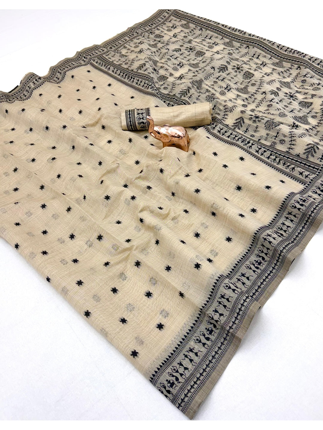 Peachmode Cream Tussar Cotton Silk Saree with Warli - Image 5