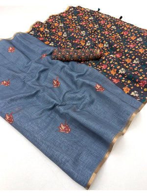 Grey Floral Printed Linen Lightweight Saree Elegant Everyday Ethnic Wear - Image 2