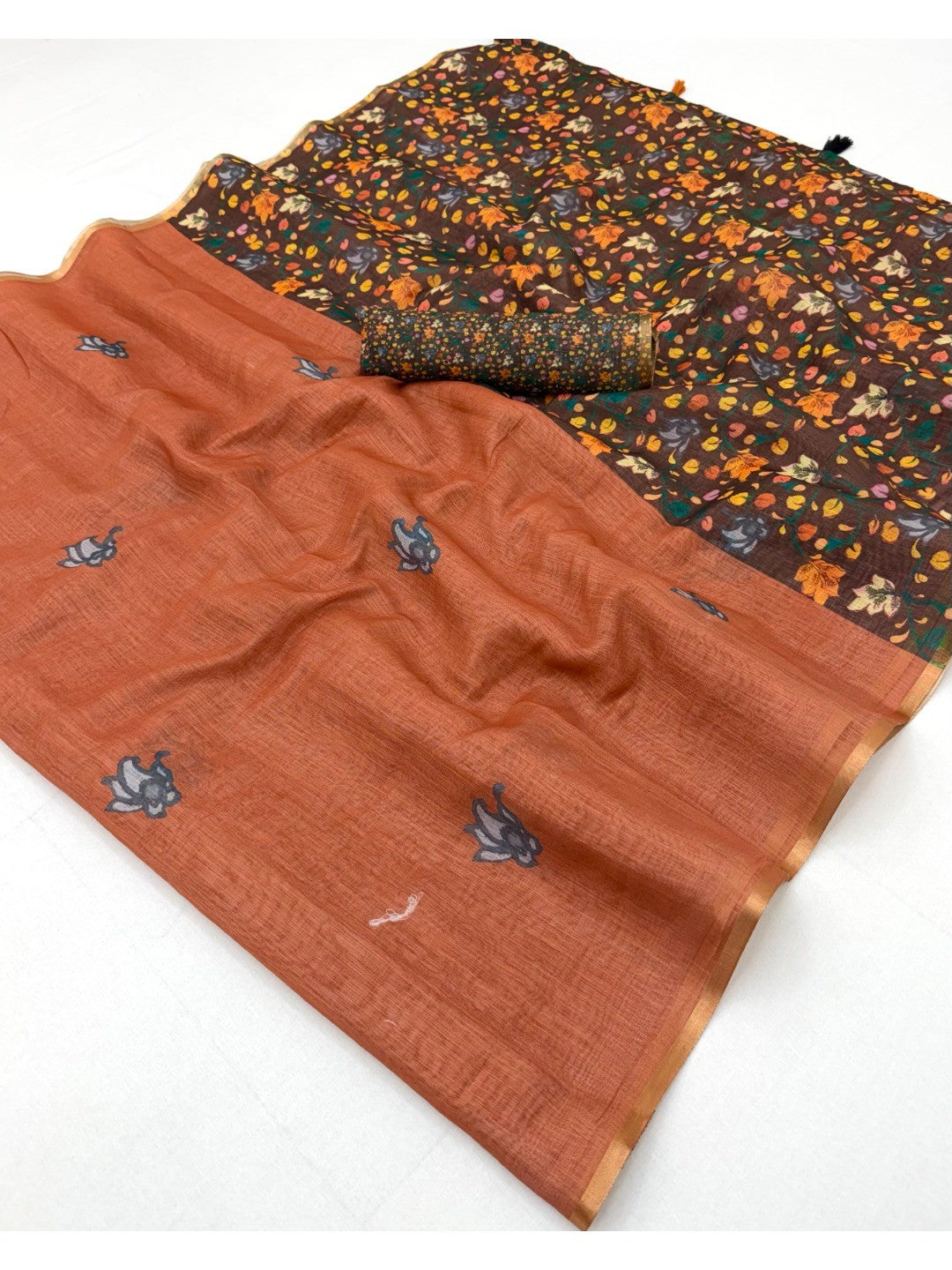 Orange Floral Printed Linen Lightweight Saree Elegant Everyday Ethnic Wear - Image 2