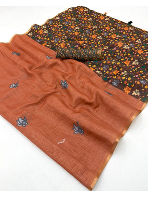 Orange Floral Printed Linen Lightweight Saree Elegant Everyday Ethnic Wear - Image 2