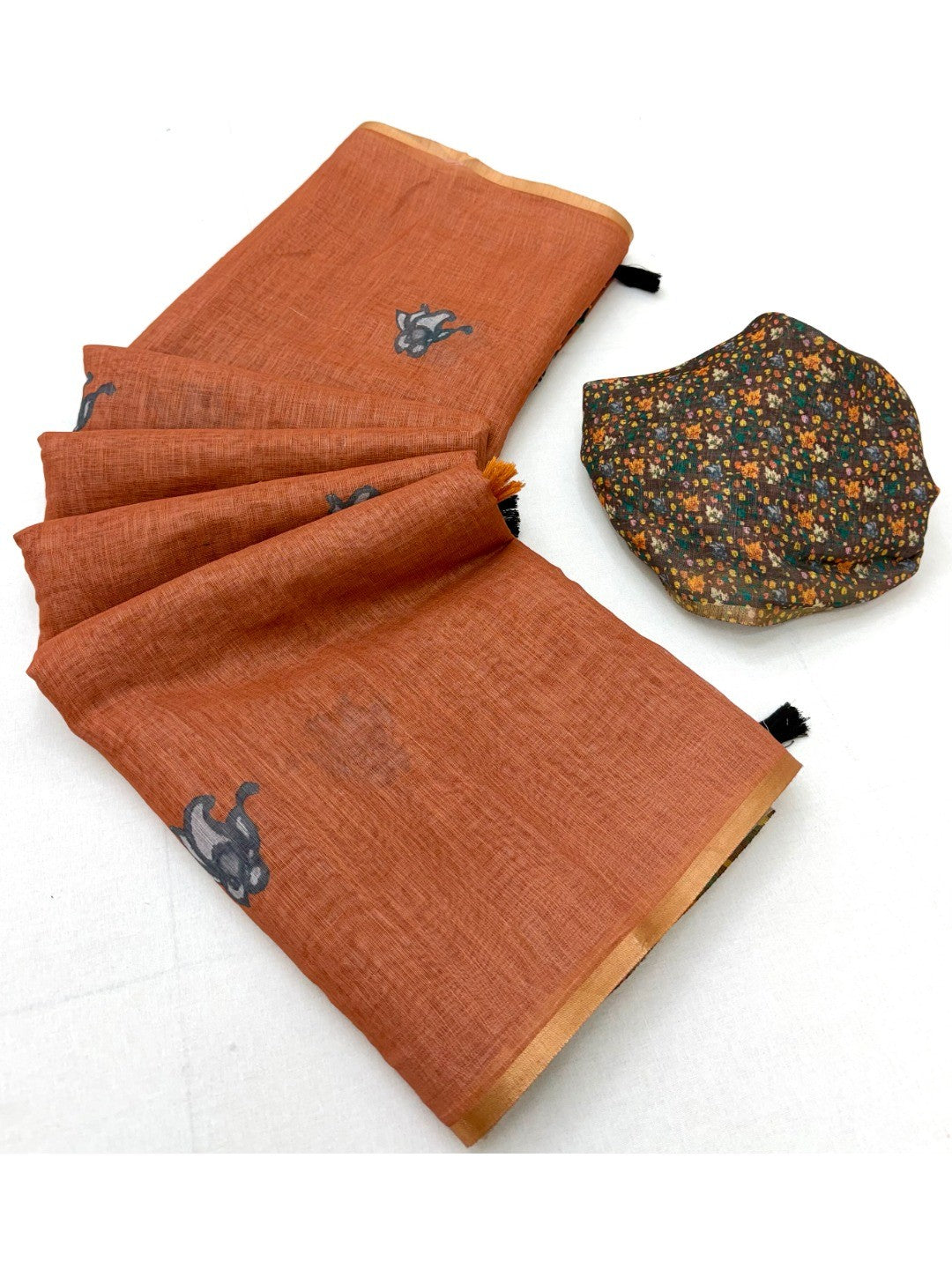Orange Floral Printed Linen Lightweight Saree Elegant Everyday Ethnic Wear - Image 3