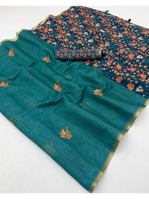 Teal Floral Printed Linen Lightweight Saree Elegant Everyday Ethnic Wear - Image 2