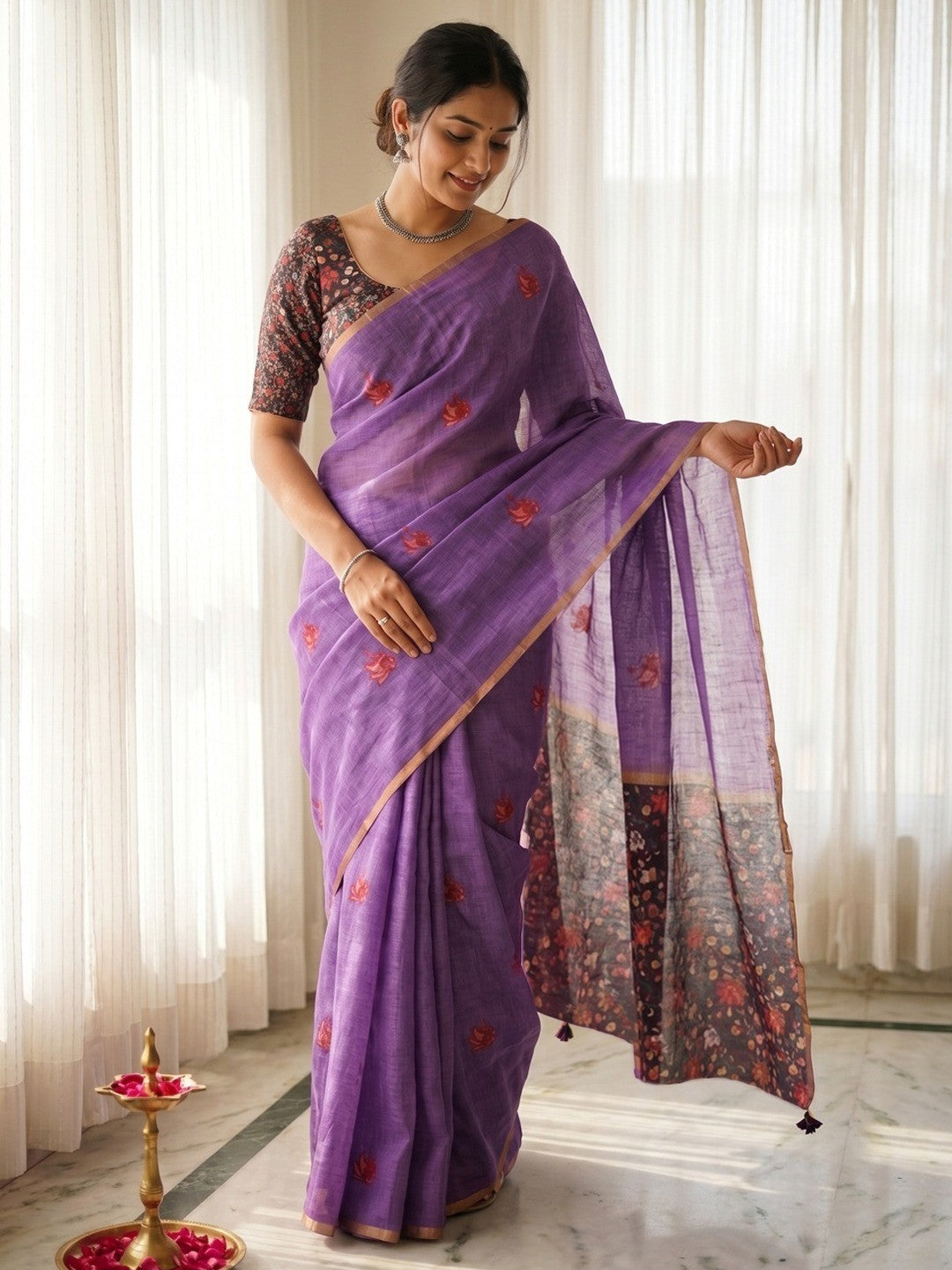 Violet Floral Printed Linen Lightweight Saree Elegant Everyday Ethnic Wear - Image 1