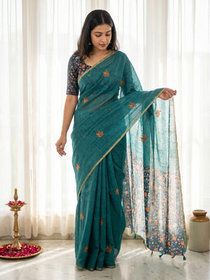 Teal Floral Printed Linen Lightweight Saree Elegant Everyday Ethnic Wear - Image 1