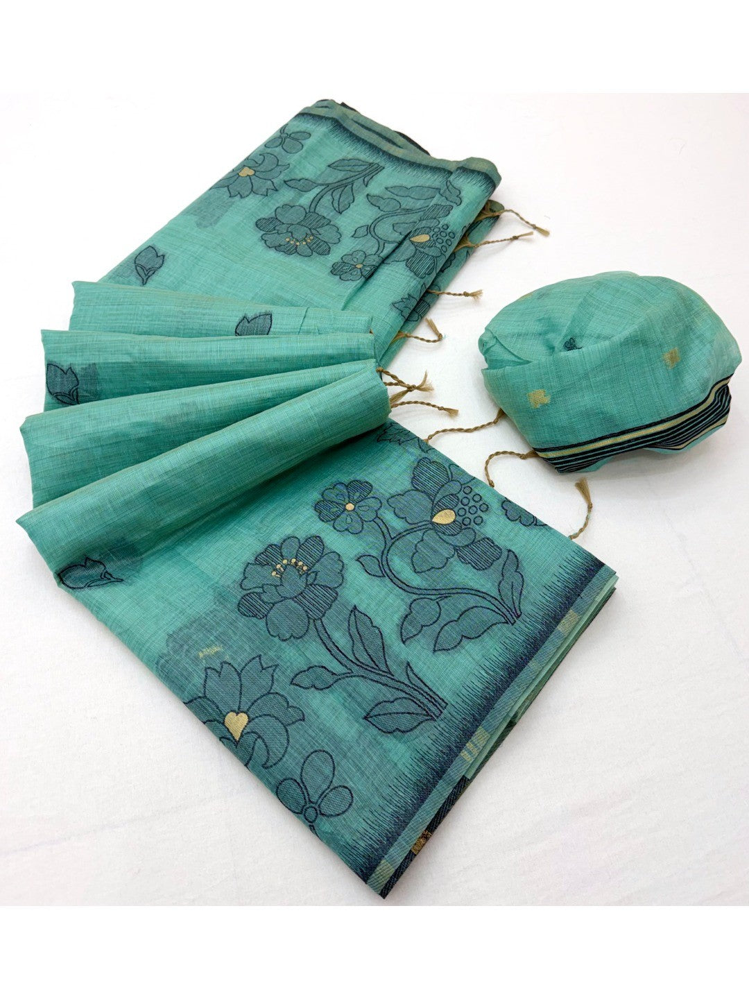 Turquoise Cotton Blend Festive Wear Saree with Elegant Floral Woven Pattern - Image 3