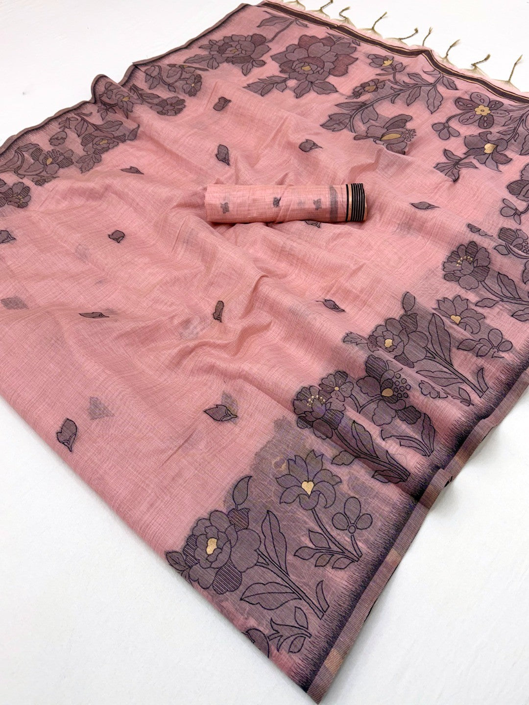 Pink Cotton Blend Festive Wear Saree with Elegant Floral Woven Pattern - Image 2