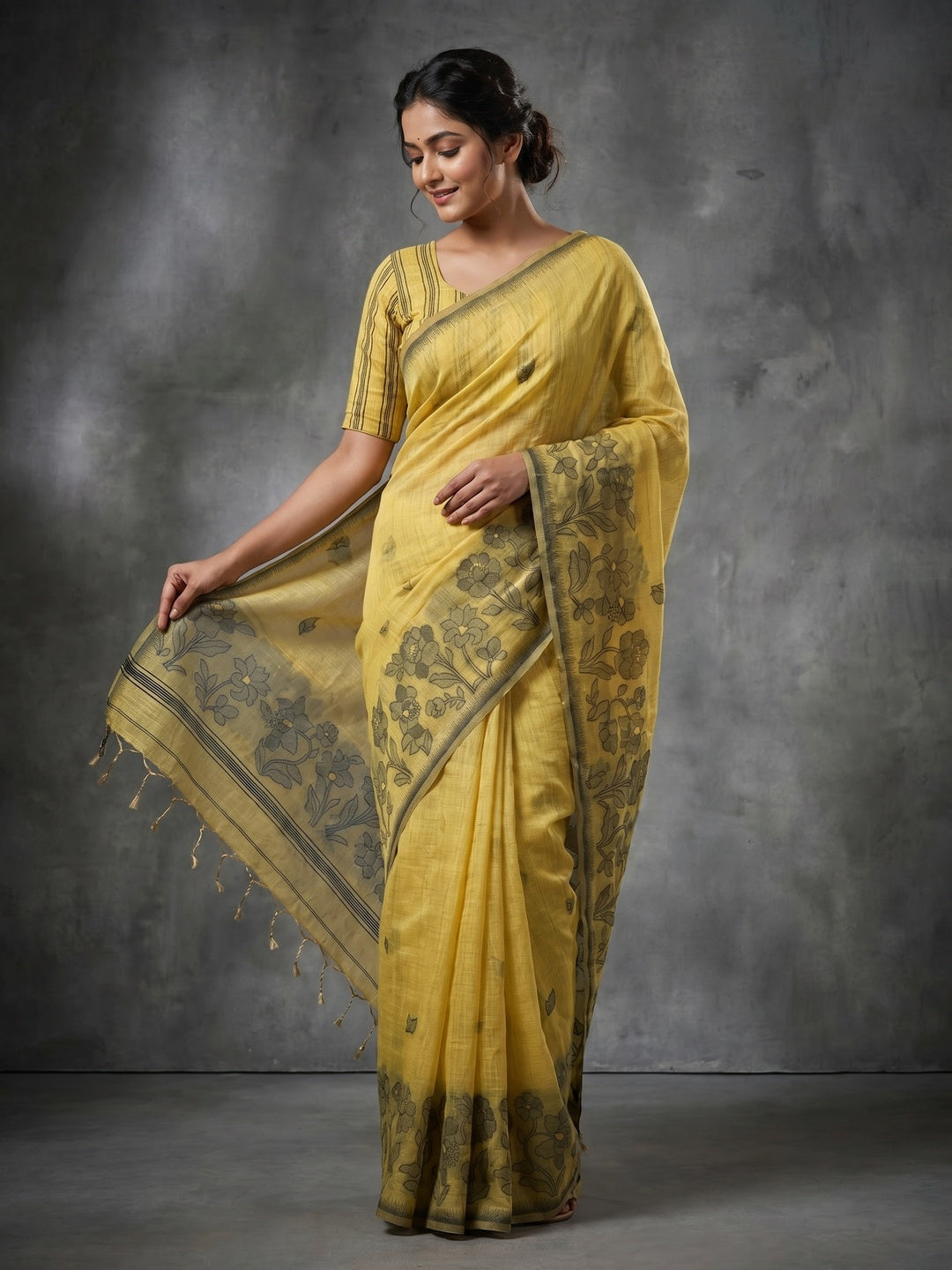 Yellow Cotton Blend Festive Wear Saree with Elegant Floral Woven Pattern - Image 1