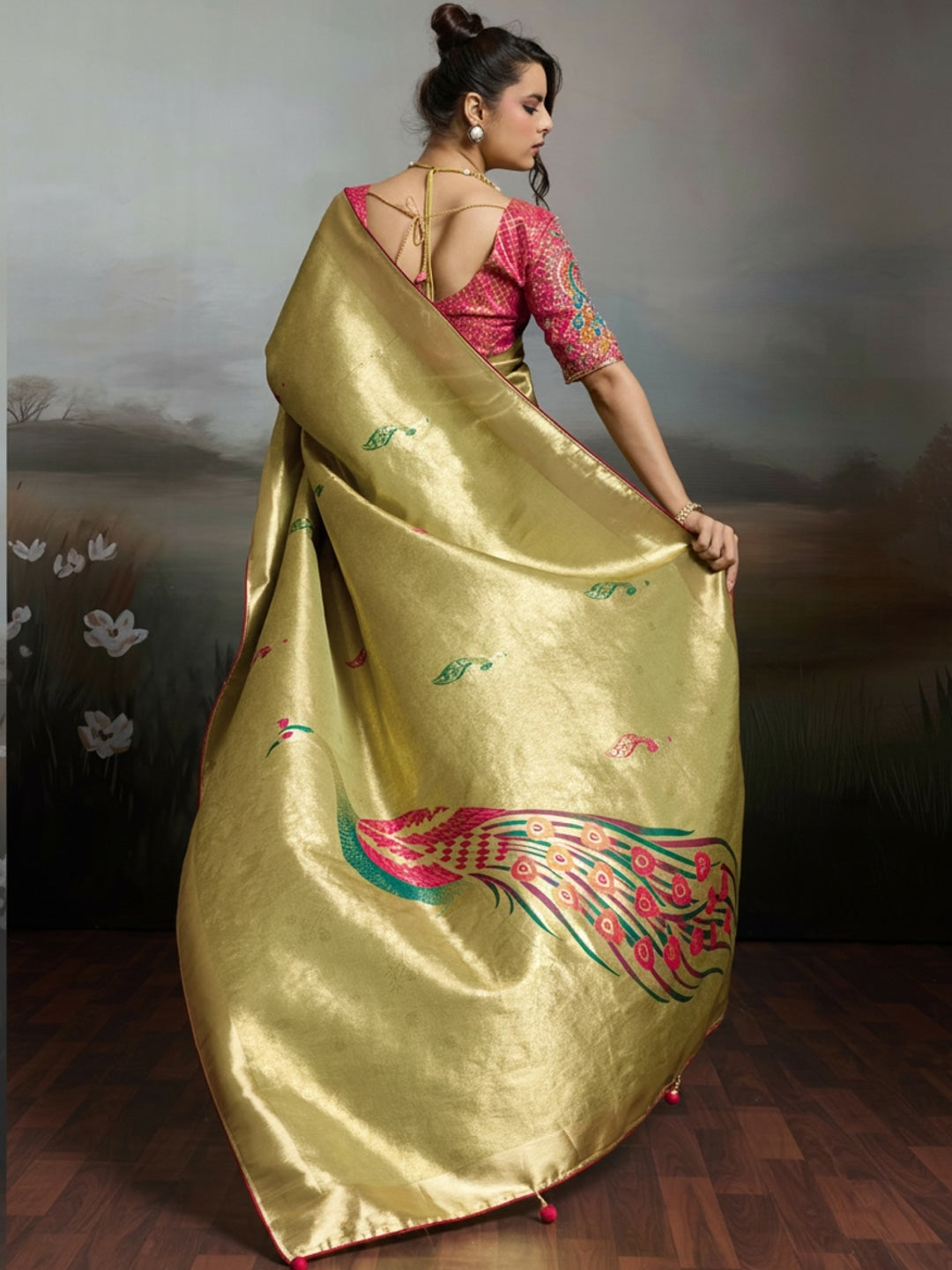 Peachmode Yellow Banarasi Jacquard Saree with Peacock Woven Pallu - Image 3