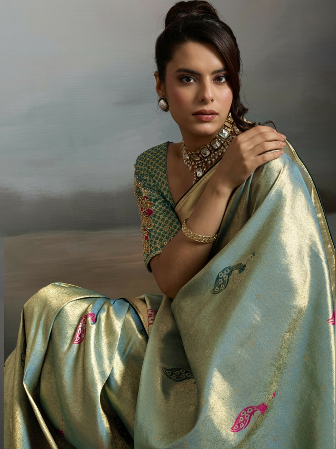 Peachmode Sea Green Banarasi Jacquard Saree with Peacock Woven Pallu - Image 3