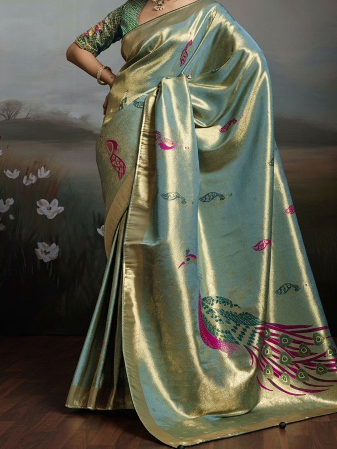 Peachmode Sea Green Banarasi Jacquard Saree with Peacock Woven Pallu - Image 4