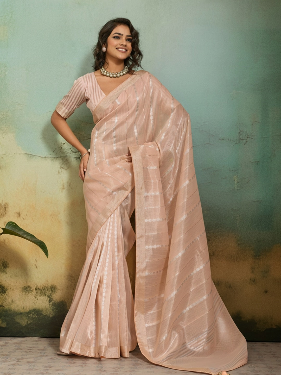 Peachmode Peach Tissue Linen Blend Saree with Zari Woven Border - Image 1